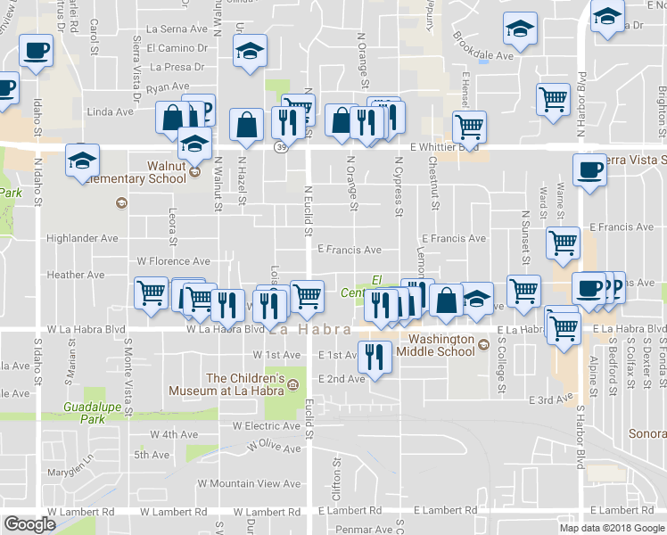 map of restaurants, bars, coffee shops, grocery stores, and more near 139 East Florence Avenue in La Habra