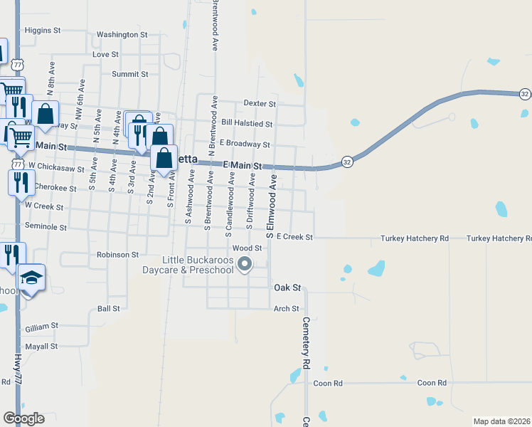 map of restaurants, bars, coffee shops, grocery stores, and more near 300 South Elmwood Avenue in Marietta