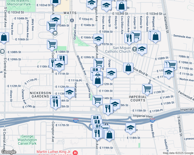 map of restaurants, bars, coffee shops, grocery stores, and more near S Wilmington Ave & E 111th St in Los Angeles