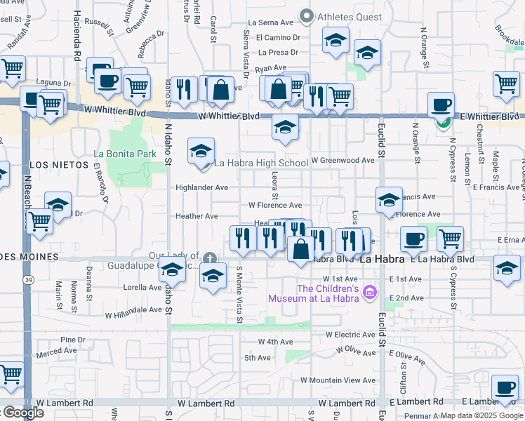 map of restaurants, bars, coffee shops, grocery stores, and more near 650 West Florence Avenue in La Habra