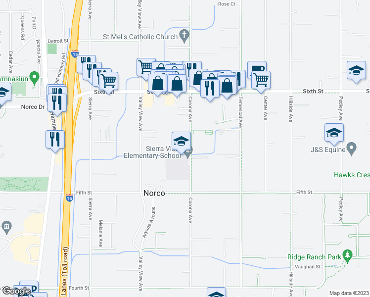map of restaurants, bars, coffee shops, grocery stores, and more near 3620 Corona Avenue in Norco