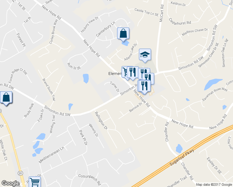 map of restaurants, bars, coffee shops, grocery stores, and more near 905 Turner Drive in Lawrenceville