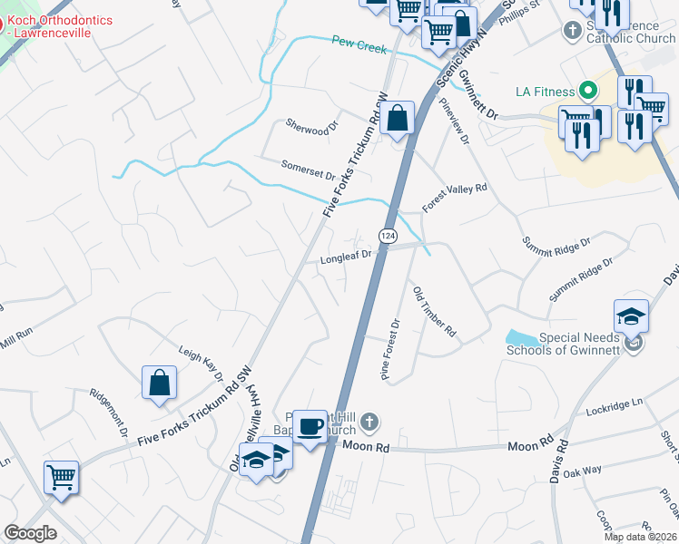 map of restaurants, bars, coffee shops, grocery stores, and more near 730 Longleaf Dr in Lawrenceville