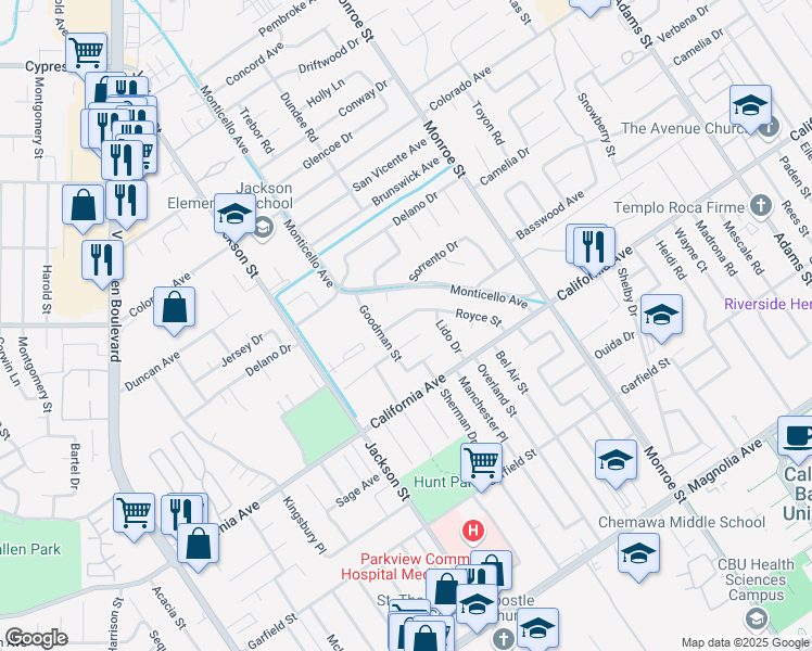 map of restaurants, bars, coffee shops, grocery stores, and more near 4352 Royce Street in Riverside