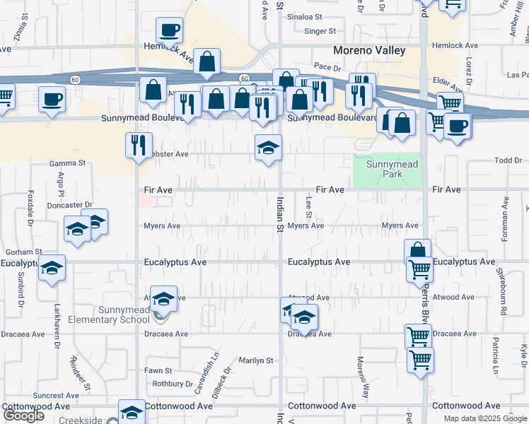 map of restaurants, bars, coffee shops, grocery stores, and more near 12755 Indian Street in Moreno Valley