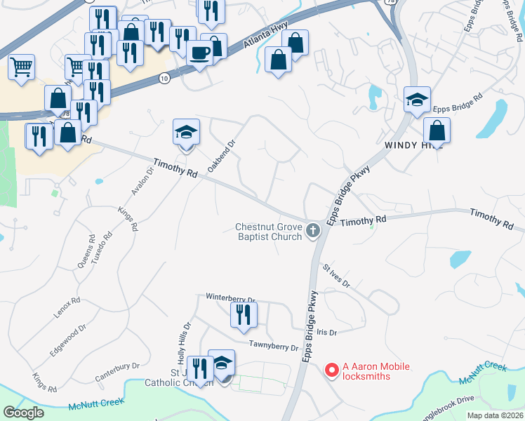 map of restaurants, bars, coffee shops, grocery stores, and more near 1725 Timothy Road in Athens