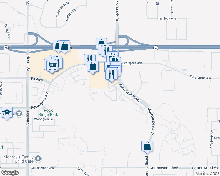 map of restaurants, bars, coffee shops, grocery stores, and more near 27635 Trail Ridge Way in Moreno Valley