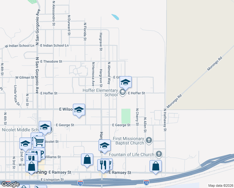 map of restaurants, bars, coffee shops, grocery stores, and more near 1294 North Blanchard Street in Banning