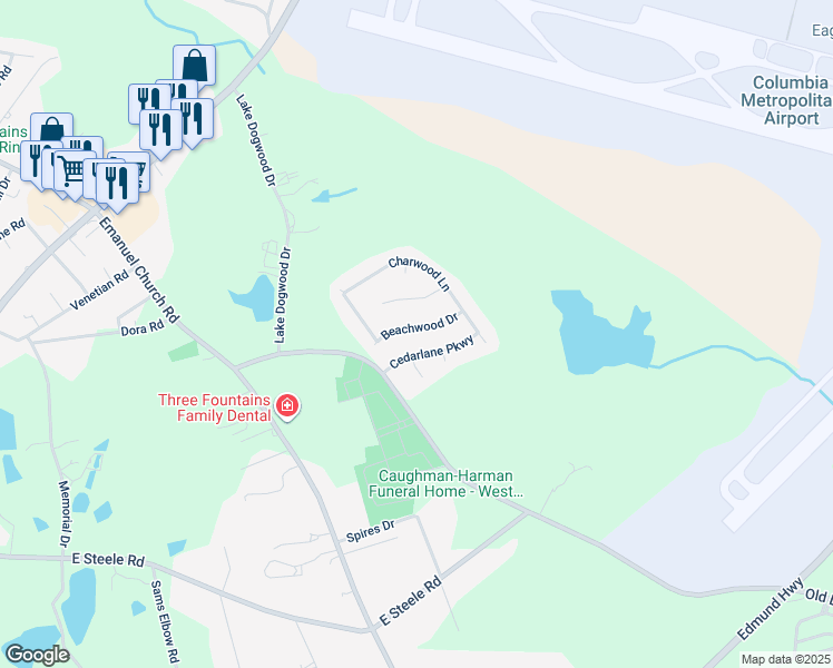 map of restaurants, bars, coffee shops, grocery stores, and more near 113 Beachwood Drive in West Columbia