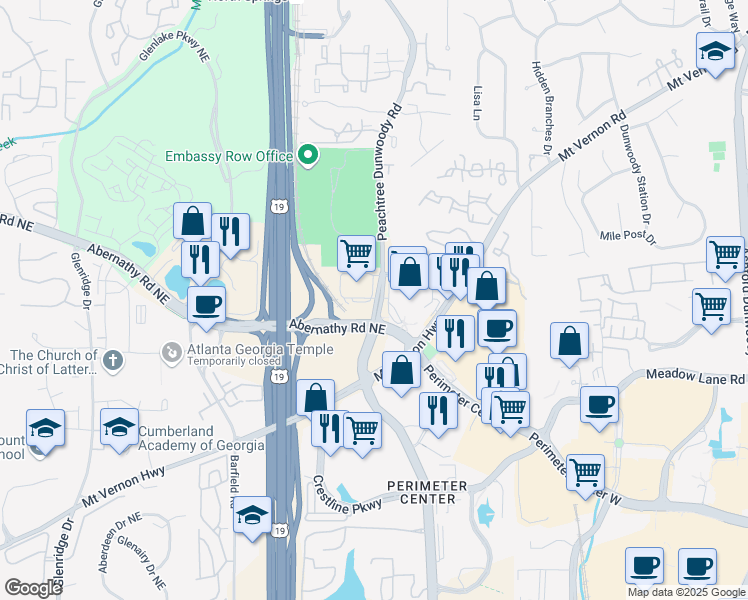map of restaurants, bars, coffee shops, grocery stores, and more near 400 Peachtree Dunwoody Road in Sandy Springs