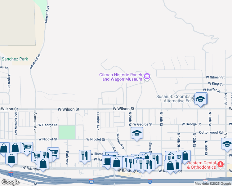 map of restaurants, bars, coffee shops, grocery stores, and more near 2184 Silver Star Drive in Banning