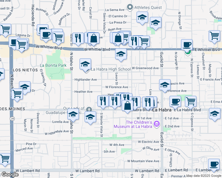 map of restaurants, bars, coffee shops, grocery stores, and more near 650 West Florence Avenue in La Habra