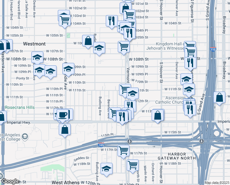 map of restaurants, bars, coffee shops, grocery stores, and more near 11100 South New Hampshire Avenue in Los Angeles