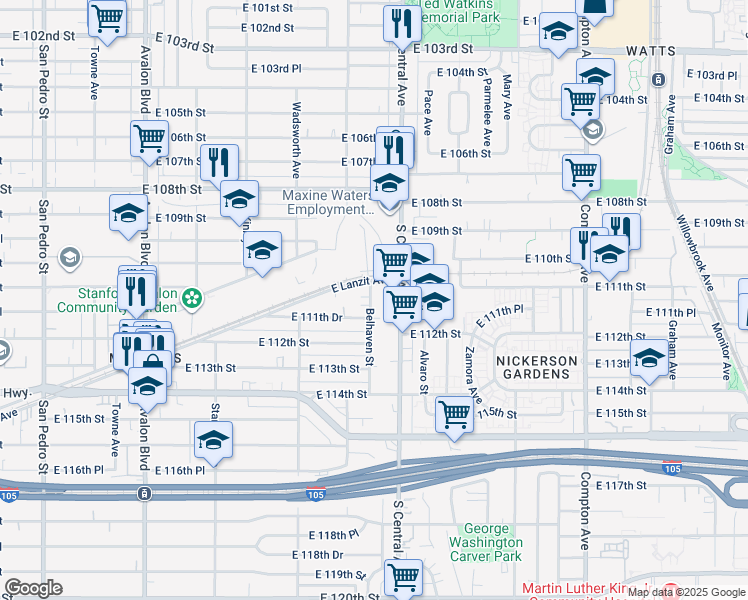 map of restaurants, bars, coffee shops, grocery stores, and more near 11122 Belhaven Street in Los Angeles