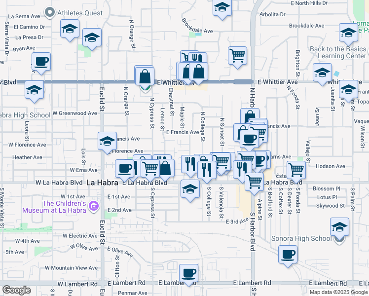 map of restaurants, bars, coffee shops, grocery stores, and more near 614 East Florence Avenue in La Habra