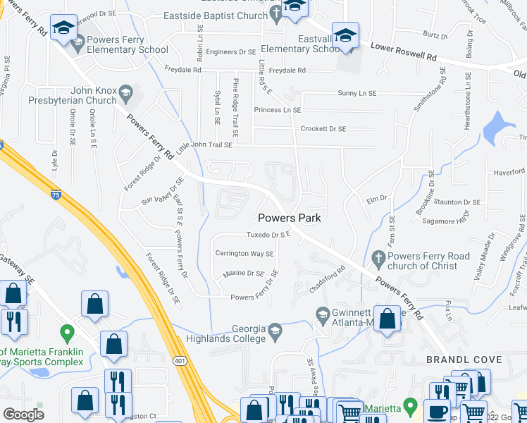 map of restaurants, bars, coffee shops, grocery stores, and more near 827 Bonnie Glen Drive Southeast in Marietta