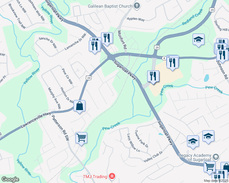 map of restaurants, bars, coffee shops, grocery stores, and more near 77 Caboose Court Northwest in Lawrenceville