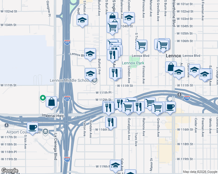 map of restaurants, bars, coffee shops, grocery stores, and more near 4816 West 111th Street in Lennox
