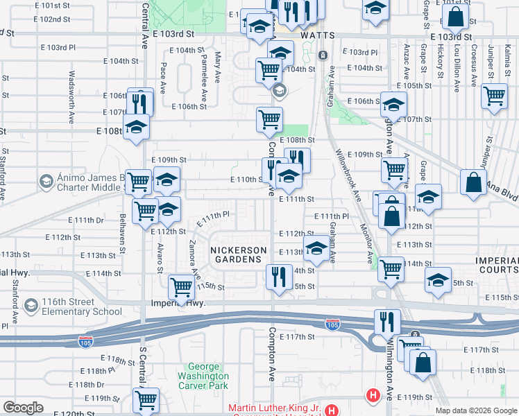 map of restaurants, bars, coffee shops, grocery stores, and more near 11114 Evers Avenue in Los Angeles