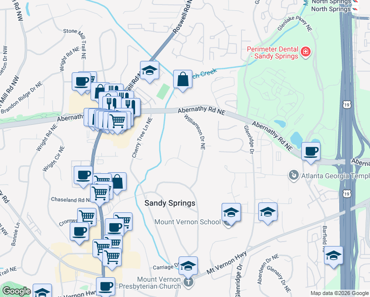 map of restaurants, bars, coffee shops, grocery stores, and more near 6565 Sentry Hill Trail in Sandy Springs