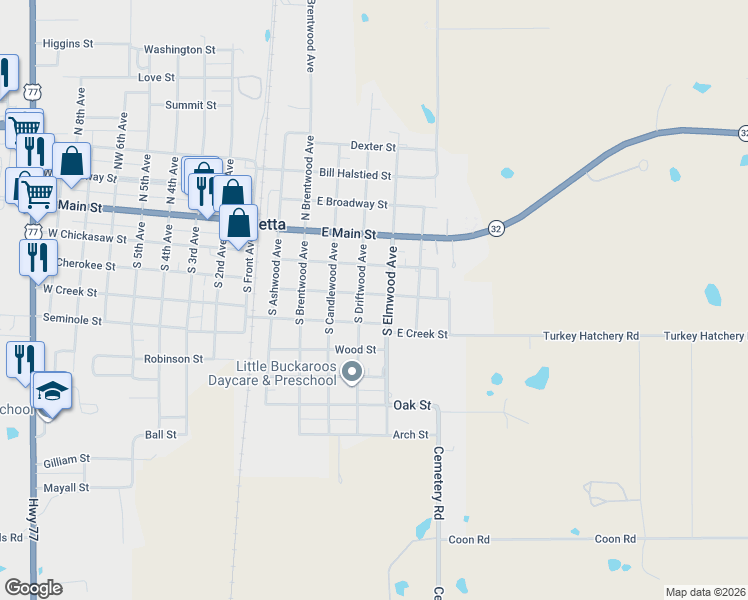 map of restaurants, bars, coffee shops, grocery stores, and more near 300 South Elmwood Avenue in Marietta