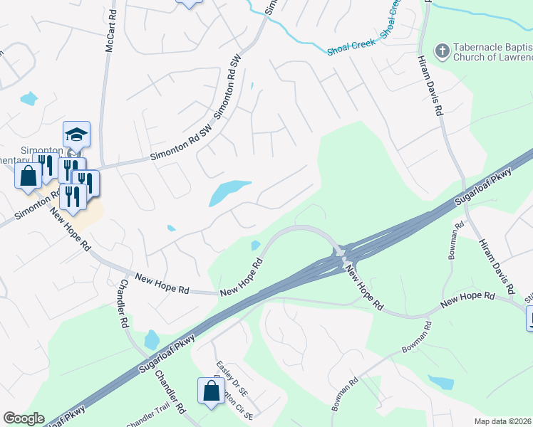 map of restaurants, bars, coffee shops, grocery stores, and more near 593 Savannah Rose Way in Lawrenceville