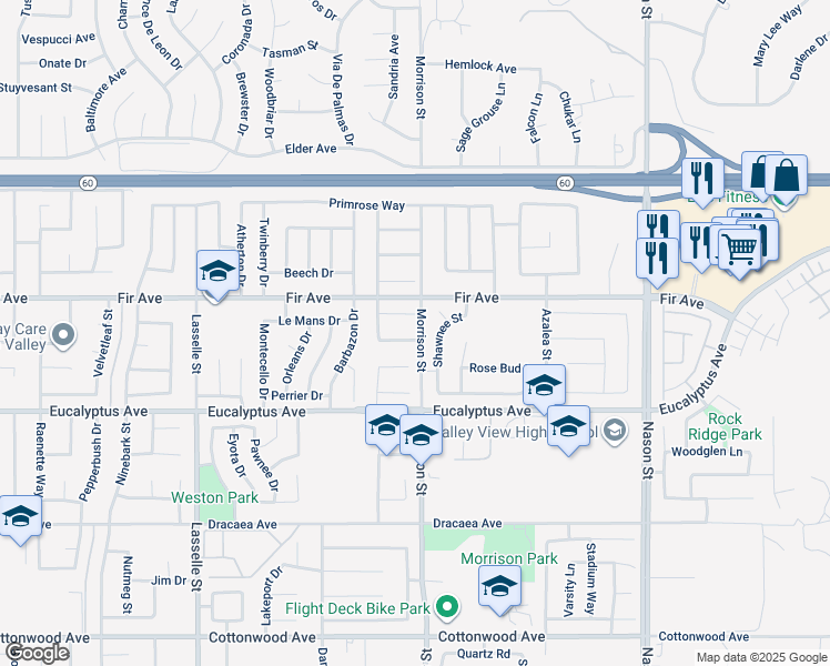 map of restaurants, bars, coffee shops, grocery stores, and more near 26500 Coconut Lane in Moreno Valley
