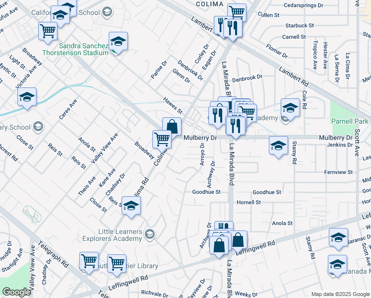 map of restaurants, bars, coffee shops, grocery stores, and more near 10823 Arroyo Drive in Whittier