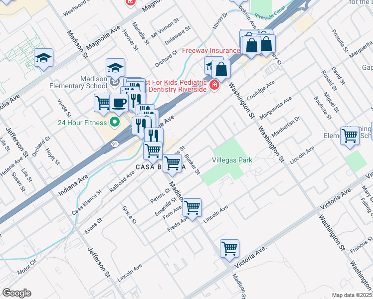 map of restaurants, bars, coffee shops, grocery stores, and more near 7388 Evans Street in Riverside