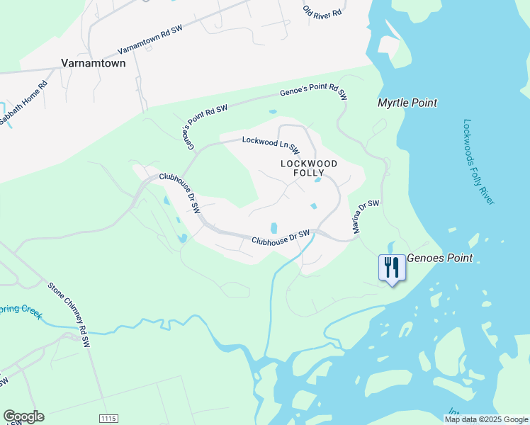 map of restaurants, bars, coffee shops, grocery stores, and more near 3188 Windward Village Lane Southwest in Brunswick County