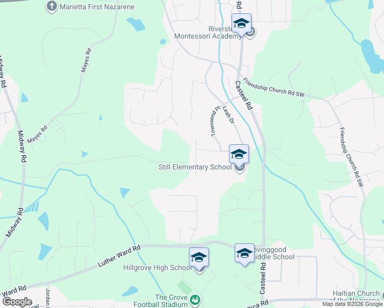 map of restaurants, bars, coffee shops, grocery stores, and more near 621 Leah Drive in Powder Springs