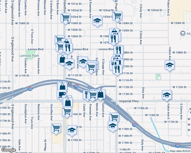 map of restaurants, bars, coffee shops, grocery stores, and more near 4136 West 111th Street in Inglewood