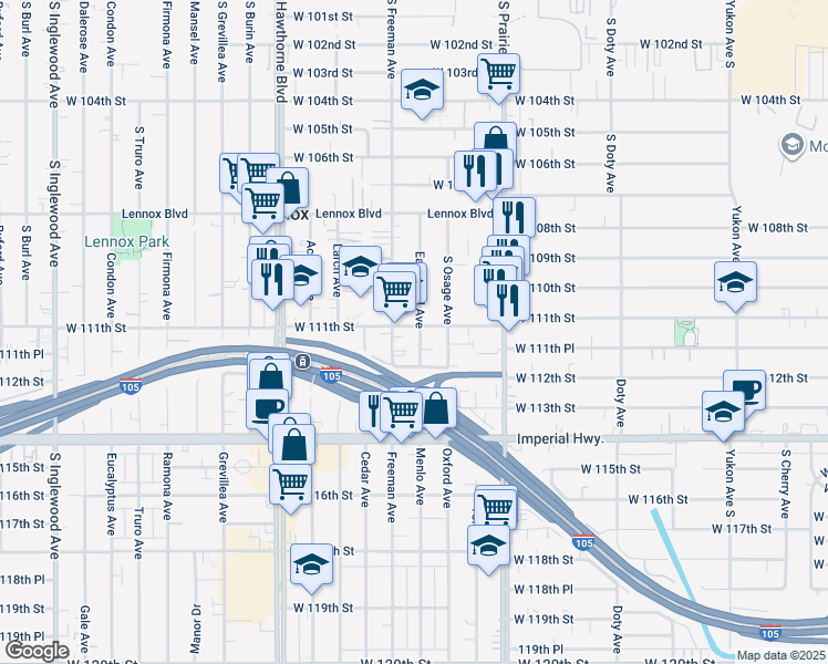map of restaurants, bars, coffee shops, grocery stores, and more near 4136 West 111th Street in Inglewood