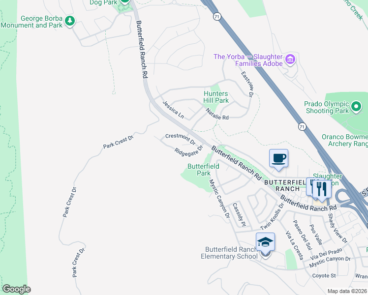 map of restaurants, bars, coffee shops, grocery stores, and more near 5951 Meadowwood Court in Chino Hills