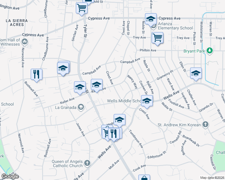 map of restaurants, bars, coffee shops, grocery stores, and more near 5382 Crest Avenue in Riverside
