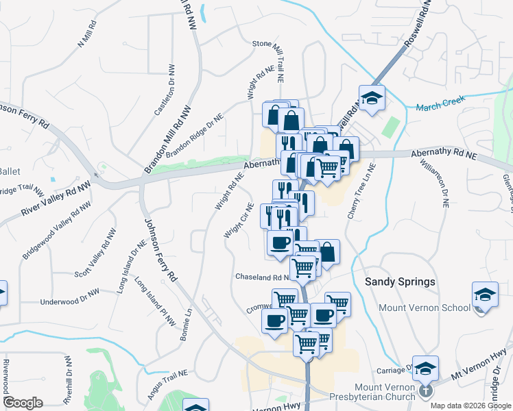 map of restaurants, bars, coffee shops, grocery stores, and more near 6585 Wright Circle Northeast in Atlanta