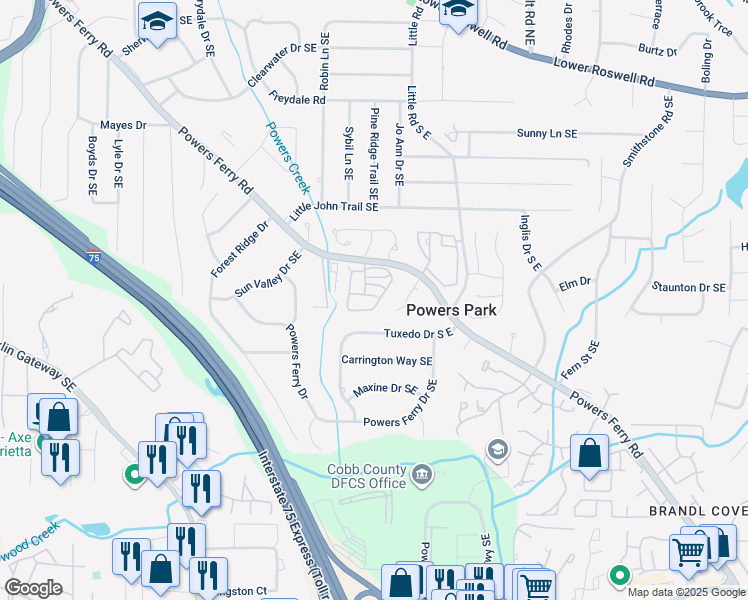 map of restaurants, bars, coffee shops, grocery stores, and more near 2332 Trellis Lane Southeast in Marietta