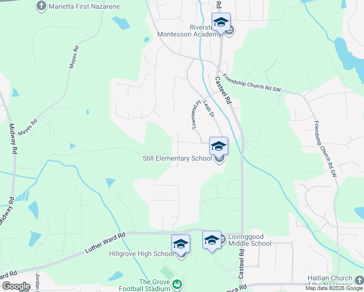 map of restaurants, bars, coffee shops, grocery stores, and more near 621 Leah Drive in Powder Springs