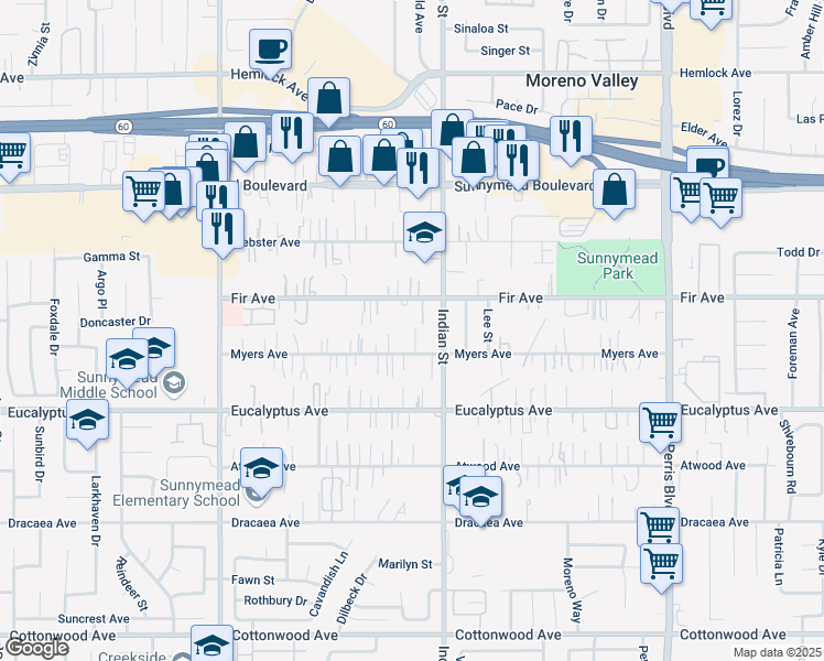 map of restaurants, bars, coffee shops, grocery stores, and more near 24446 Myers Avenue in Moreno Valley