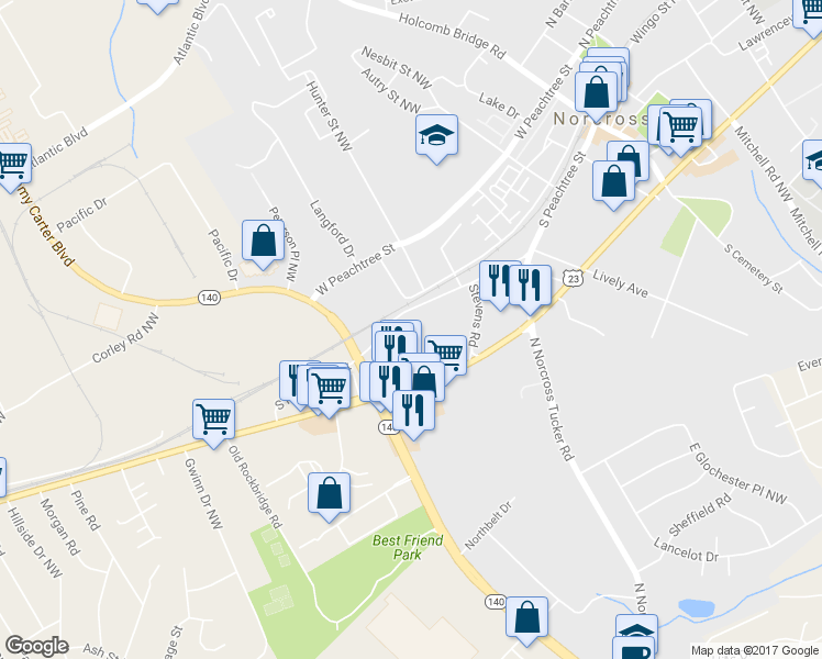map of restaurants, bars, coffee shops, grocery stores, and more near 781 South Peachtree Street in Peachtree Corners