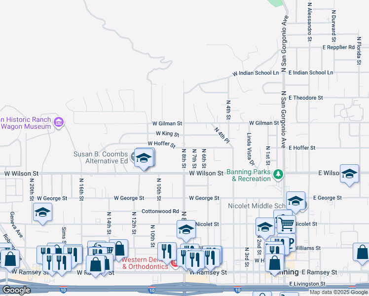 map of restaurants, bars, coffee shops, grocery stores, and more near West Hoffer Street in Banning