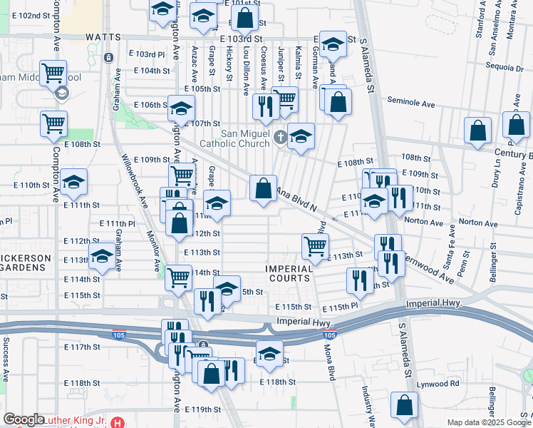 map of restaurants, bars, coffee shops, grocery stores, and more near 2133 East 111th Street in Los Angeles