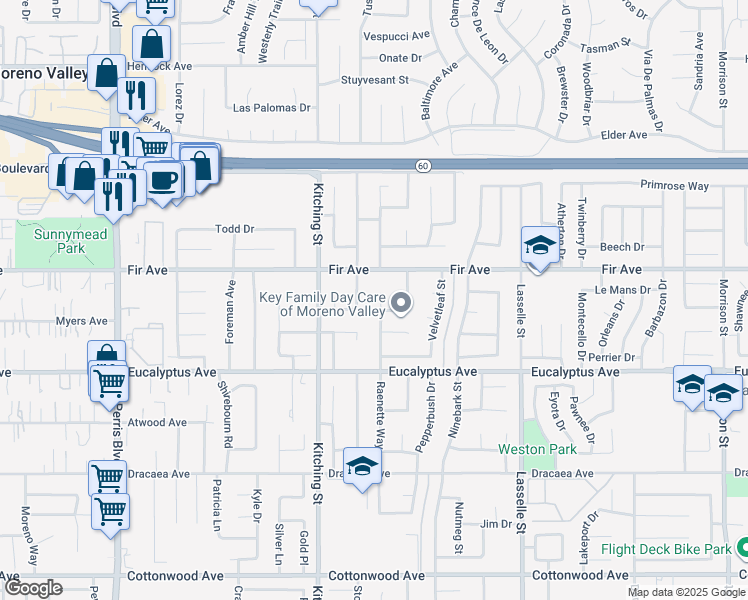 map of restaurants, bars, coffee shops, grocery stores, and more near 12789 Raenette Way in Moreno Valley