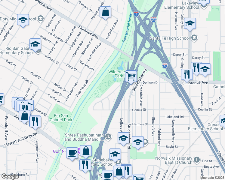 map of restaurants, bars, coffee shops, grocery stores, and more near 10903 Little Lake Road in Downey