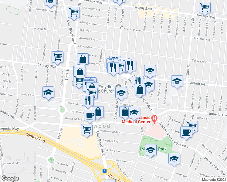 map of restaurants, bars, coffee shops, grocery stores, and more near 3415 Elizabeth Avenue in Lynwood