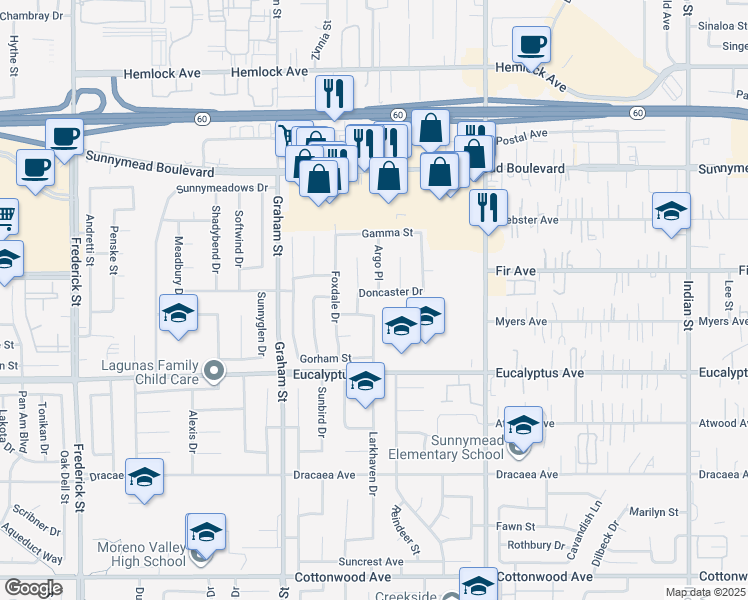 map of restaurants, bars, coffee shops, grocery stores, and more near 23691 Doncaster Drive in Moreno Valley