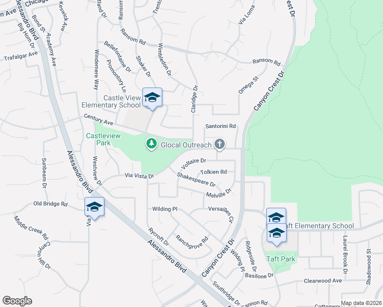 map of restaurants, bars, coffee shops, grocery stores, and more near 1308 Via Vista Drive in Riverside