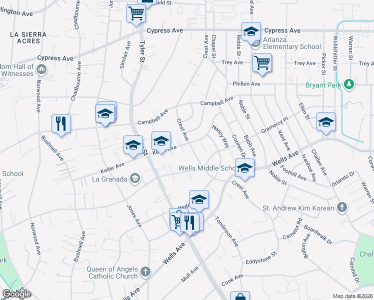 map of restaurants, bars, coffee shops, grocery stores, and more near 5382 Crest Avenue in Riverside