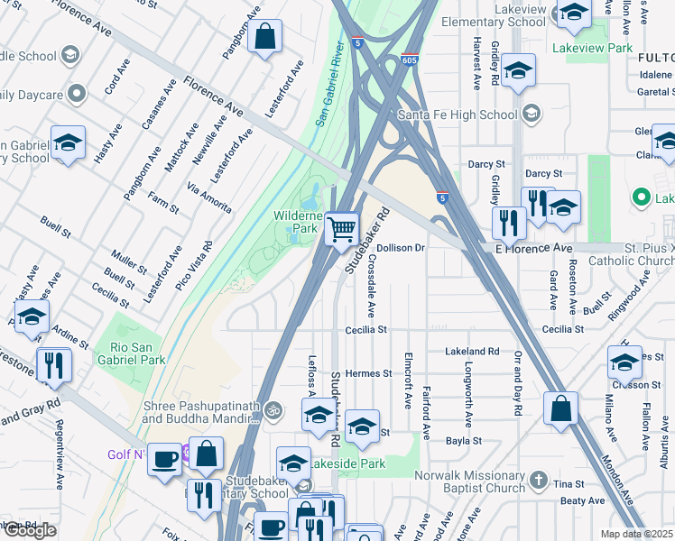 map of restaurants, bars, coffee shops, grocery stores, and more near 10829 Studebaker Road in Downey