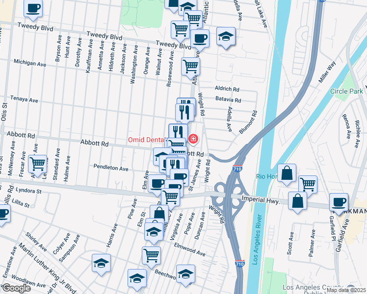 map of restaurants, bars, coffee shops, grocery stores, and more near 10530 Atlantic Avenue in South Gate